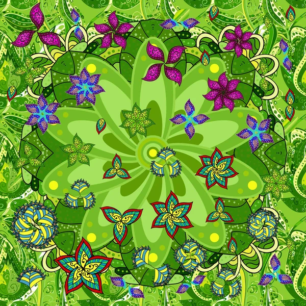 Renkli yeşil, sarı ve siyah pürüzsüz desen. Doodle tarzı. Yeşil, sarı ve siyah renkli çiçekler. El çizimi dikişsiz sonbahar çiçekleri deseni. Tekstil ve kapak tasarımı için mükemmel.