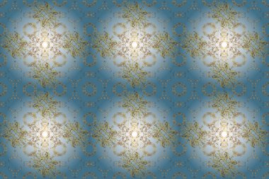 Sarı, nötr ve mavi renkli resimler. Fantezi çizimi. Orient raster klasik vintage modeli. Doğu geçmişi. Şirin elementlerle kusursuz soyut arkaplan.