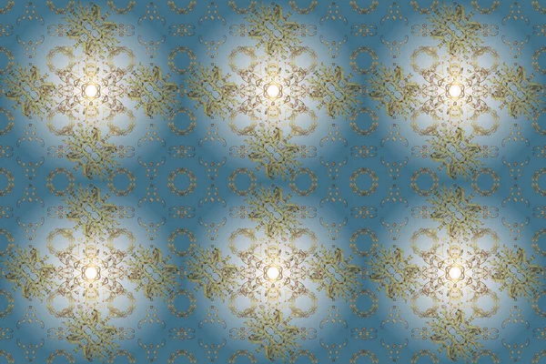 Sarı, nötr ve mavi renkli resimler. Fantezi çizimi. Orient raster klasik vintage modeli. Doğu geçmişi. Şirin elementlerle kusursuz soyut arkaplan.