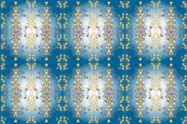 Tarafsız, bej ve mavi renklerde, altın elementlerle klasik, pürüzsüz desen.