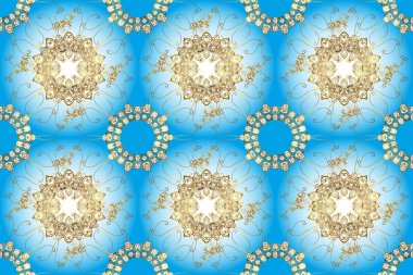 Kusursuz klasik altın desen. Mavi, kahverengi ve altın elementli nötr renklerde kusursuz desen. Geleneksel oryantasyon süsü. Klasik vintage arkaplan.