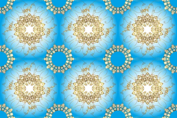 Kusursuz klasik altın desen. Mavi, kahverengi ve altın elementli nötr renklerde kusursuz desen. Geleneksel oryantasyon süsü. Klasik vintage arkaplan.