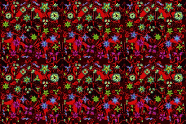 Дизайн Плоских Елементів Квітів Квіти Чорного Червоного Коричневого Кольорів Безшовний — стокове фото