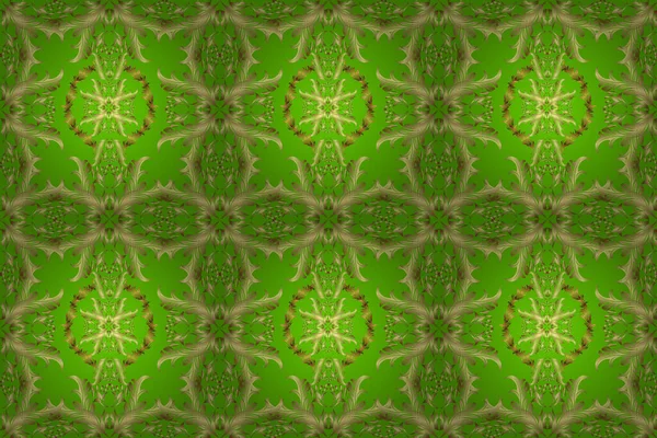 Davetiyeler, kartlar, web sayfası için vektör illüstrasyonu. Altın desenli çiçek dekoru. Çizgi sanatı tasarım şablonu için kusursuz sınır. Doğu tarzı element. Tarafsız, yeşil, sarı renkler üzerine altın element.