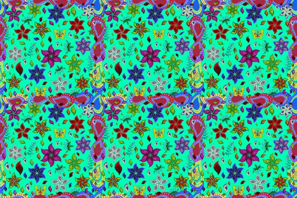 Nahtloses Muster Mit Niedlichen Blumen Und Blättern Auf Roten Grünen — Stockfoto