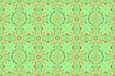Hassas altın deseni açın. Parlak dantel, stilize çiçekler, şal desenli. Sarı üzerinde pürüzsüz desen, altın elementli yeşil renkler. Doğu tarzı arabesk. Kusursuz altın dokular bukleler.