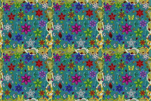 Sanfte Frühlingshafte Blüten Blauen Schwarzen Und Grünen Farben Blumenmuster Doodle — Stockfoto