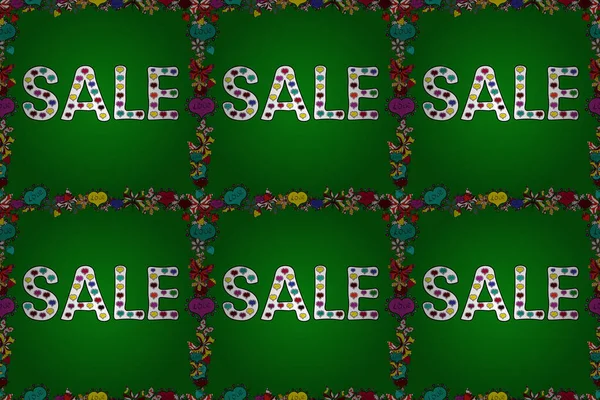 Raster illüstrasyonu. Mektup. Kusursuz. Sezon sonu özel teklif afişi. Beyaz, yeşil ve siyah renkler üzerine bir resim. Satış afişi şablonu tasarımı, Mega indirimi özel teklif.