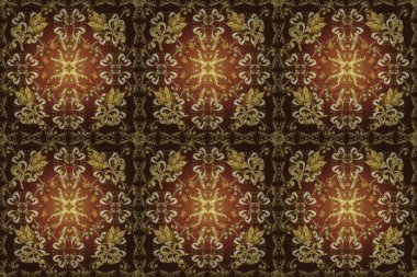 Sarı, mor ve kahverengi yerine altın rengi klasik barok çiçeksiz desenler. Sarı, mor ve kahverengi renklerde altın element. Süslü dekorasyon. Lüks, kraliyet ve Viktorya dönemi konsepti.