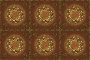 Damask arkaplanı tekerrür ediyor. Antika altın tekrarlanabilir duvar kağıdı. Sarı, kahverengi ve bej renklerde altın element. Barok tarzında altın çiçek süsü..