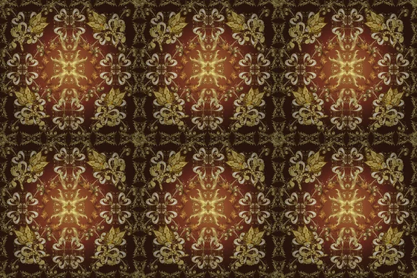 Sarı, mor ve kahverengi yerine altın rengi klasik barok çiçeksiz desenler. Sarı, mor ve kahverengi renklerde altın element. Süslü dekorasyon. Lüks, kraliyet ve Viktorya dönemi konsepti.