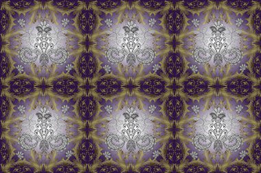 Duvar kağıtları ve kumaş için geçmişe dönük zengin tasarım. Tarafsız, sarı, menekşe yapraklı el yapımı yapraklar, çiçekler, girdaplar, karmaşık güzellikteki süsler. Yeşillik. Güzel, pürüzsüz bir desen..