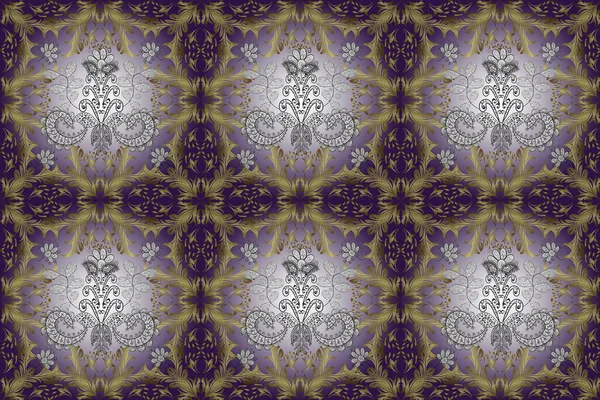 Duvar kağıtları ve kumaş için geçmişe dönük zengin tasarım. Tarafsız, sarı, menekşe yapraklı el yapımı yapraklar, çiçekler, girdaplar, karmaşık güzellikteki süsler. Yeşillik. Güzel, pürüzsüz bir desen..