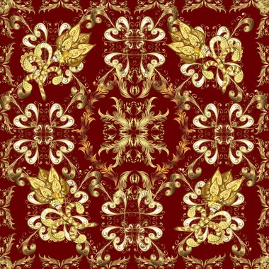 Kahverengi, sarı ve kırmızı renklerde altın desenli altın elementler. Barok tarzında duvar kağıdı tasarımı için kusursuz damaske deseni arkaplanı. Süsleme.