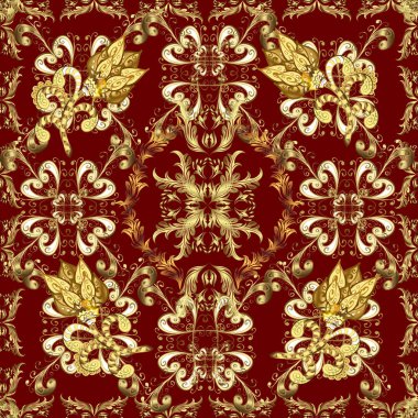 Kahverengi, kırmızı ve sarı renklerde altın desenli altın elementler. Vektör doğu süsü. Kusursuz altın desen.