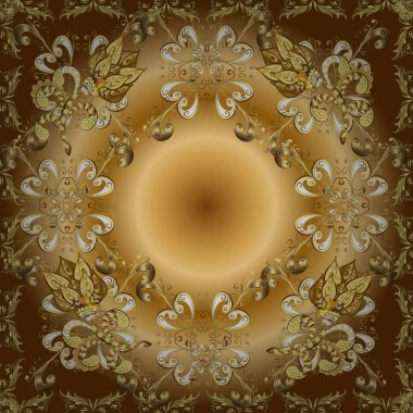 Altın şablon. Klasik çiçek dokusu. Kart, duvar kağıdı, ambalaj ve tekstil için klasik tasarım. Bej, sarı ve kahverengi renklerde kraliyet retro 'su. Kusursuz desenli altın elementler. Vektör illüstrasyonu.