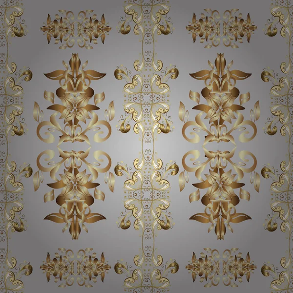 ブラウン ベージュ グレーのクラシックオリエンタルパターン ダマスクシームレスな飾り 伝統的なベクトルと黄金のパターン — ストックベクタ