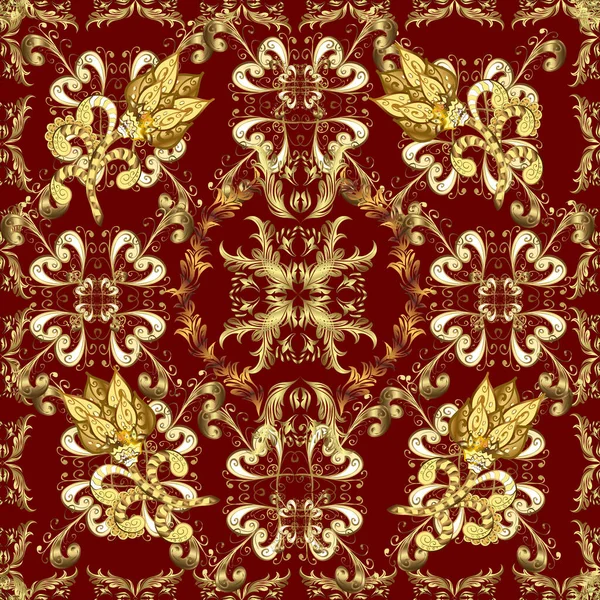 Kahverengi, kırmızı ve sarı renklerde altın desenli altın elementler. Vektör doğu süsü. Kusursuz altın desen.