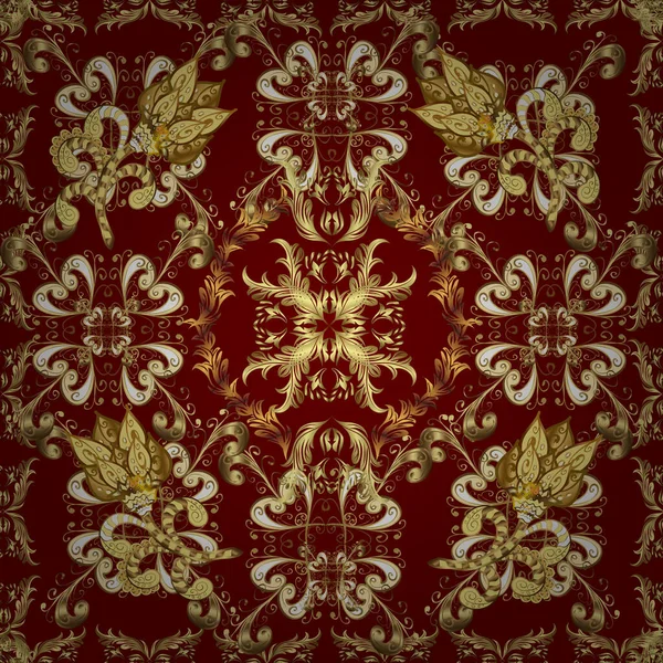 Barok tarzında altın çiçekli süs. Antika altın tekrarlanabilir duvar kağıdı. Altın element kırmızı, sarı ve kahverengi renklerde. Damask pürüzsüz tekrarlama deseni.