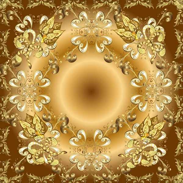 Vektör soyut çiçek çelenk altın doodle fantezi yaprak ve çiçek bej, kahverengi ve sarı renkler. El çekilmiş dekoratif çerçeve, albüm kapağı, tebrik kartı, vintage Art deco tarzında.