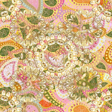 Barok tarzında altın çiçekli süs. Damask kusursuz yinelenen arkaplan. Doku arka planında altın duvar kâğıdı. Tarafsız, sarı ve bej renklerde altın element.