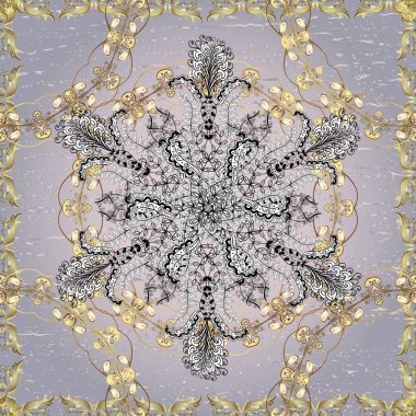 Tarafsız, gri ve beyaz renklerde altın sarısı elementler. Noel, kar tanesi, yeni yıl. Tarafsız, gri ve beyaz renklerde altın elementlerle kusursuz klasik desen.