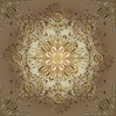 Kahverengi, bej ve sarı renklerdeki altın desenli altın elementler. Kusursuz klasik altın desen. Vektör geleneksel yönelim süsü.