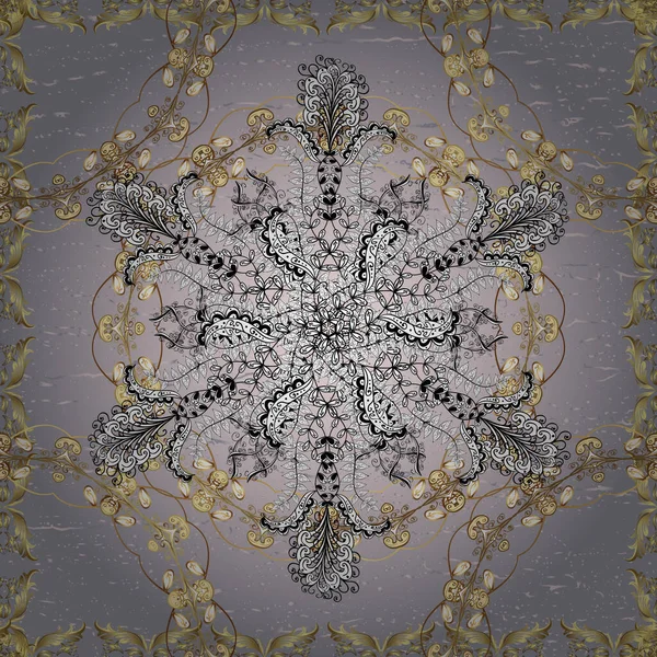 Doğu tarzında klasik tasarım öğesi. Duvar kâğıdı için altın süslü bir illüstrasyon. Süslü dantel iz sürücü. Çiçek süsüsüyle kusursuz desenli vektör. Gri, beyaz renkler üzerine geleneksel Arapça dekor
