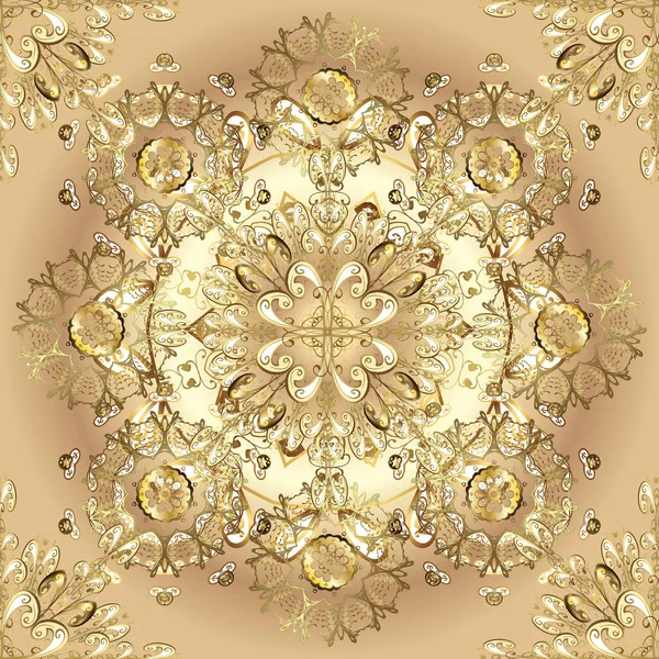 Vektör altın tekstil izi. Kahverengi, sarı ve bej renklerde altın desenli altın elementler. Kusursuz desenli oryantal süs. Çiçek kiremitleri. İslam tasarımı.