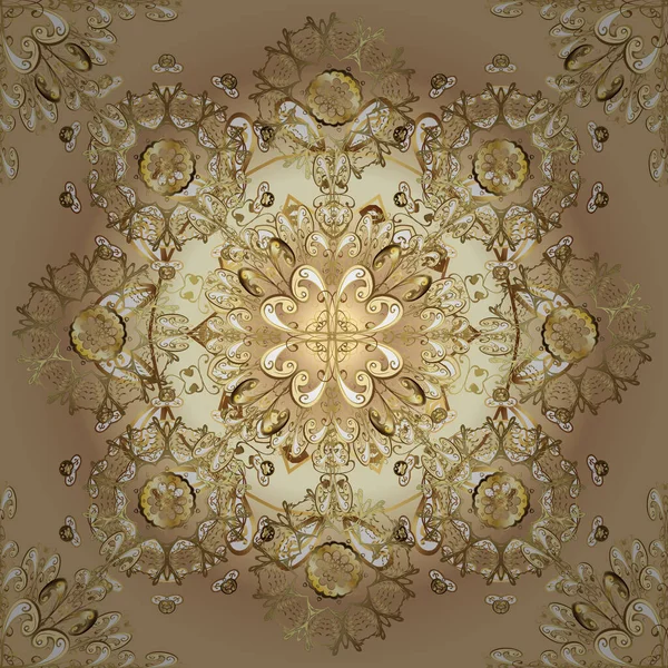 Kahverengi, bej ve sarı renklerdeki altın desenli altın elementler. Kusursuz klasik altın desen. Vektör geleneksel yönelim süsü.