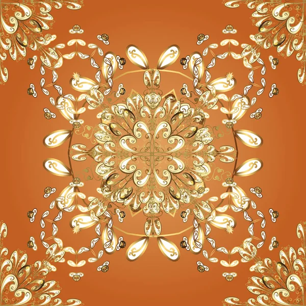 Damasthintergrund Goldflorales Ornament Barockstil Goldenes Element Auf Beige Orange Und — Stockvektor