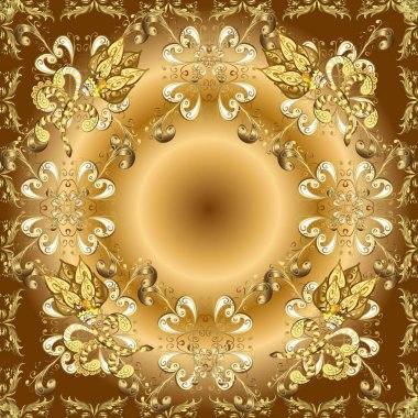 Altın pürüzsüz desen. Altın rengi bej, sarı ve kahverengi renklerde altın rengi. Düz elle çizilmiş klasik koleksiyon. Arkaplan, kumaş, altın duvar kağıdı.