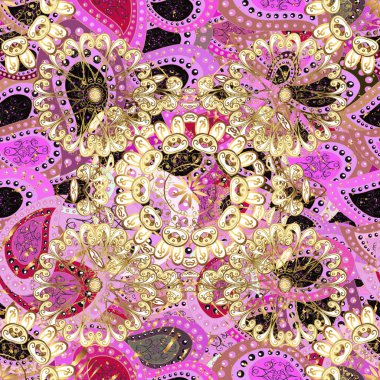 Kahverengi, pembe ve bej renklerde altın elementlerle kusursuz klasik desen. Noel, kar tanesi, yeni yıl 2019.