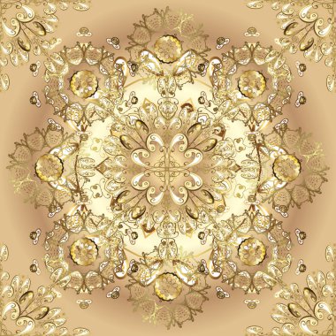 Süslü dantel iz sürücü. Çiçek süsü ile kusursuz desen. Duvar kâğıdı için altın süslü bir illüstrasyon. Doğu tarzında klasik tasarım öğesi. Geleneksel Arap dekor kahverengi, bej, sarı renkler.