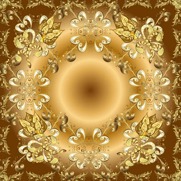 Golden seamless pattern. Golden pattern on beige, yellow and brown colors with golden elements. Flat hand drawn vintage collection. Backdrop, fabric, gold wallpaper.