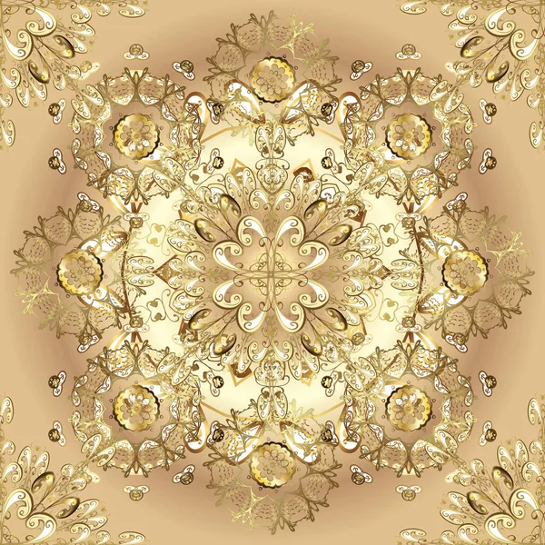 Süslü dantel iz sürücü. Çiçek süsü ile kusursuz desen. Duvar kâğıdı için altın süslü bir illüstrasyon. Doğu tarzında klasik tasarım öğesi. Geleneksel Arap dekor kahverengi, bej, sarı renkler.
