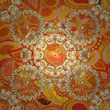 Vektör altın desen. Doğulu stil, altın elementlerle sarı, bej ve turuncu renklerde altın desenli arabesk yapar. Kusursuz kıvırcık saçlar..