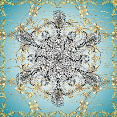 Süslü dekorasyon. Damask altın soyut çiçek nötr, mavi ve beyaz renklerde kusursuz desen. Vektör illüstrasyonu.