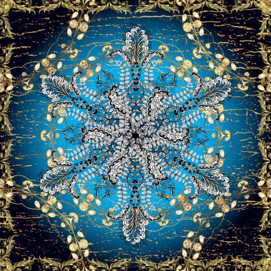 Doğu tarzı arabesk tarzında altın elementler. Mavi, beyaz ve siyah renklerde kusursuz desen. Vektör altın pürüzsüz desen. Kusursuz altın desenli bukleler..