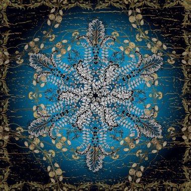 Barok tarzında altın çiçek süsü. Damask arkaplanı tekerrür ediyor. Altın element beyaz, mavi ve siyah renklerde. Antika altın tekrarlanabilir duvar kağıdı.