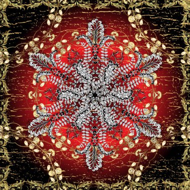 Damask kusursuz yinelenen arkaplan. Barok tarzında altın çiçekli süs. Doku arka planında altın duvar kâğıdı. Kahverengi, siyah ve kırmızı renklerde altın element.