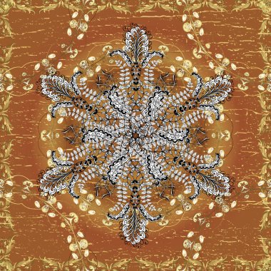 Vektör çizimi. Kahverengi, siyah ve beyaz renklerde Royal retro. Kusursuz desenli altın elementler. Klasik çiçek dokusu. Kart, duvar kağıdı, ambalaj ve tekstil için klasik tasarım. Altın şablon.