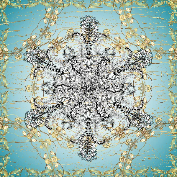 Süslü dekorasyon. Damask altın soyut çiçek nötr, mavi ve beyaz renklerde kusursuz desen. Vektör illüstrasyonu.