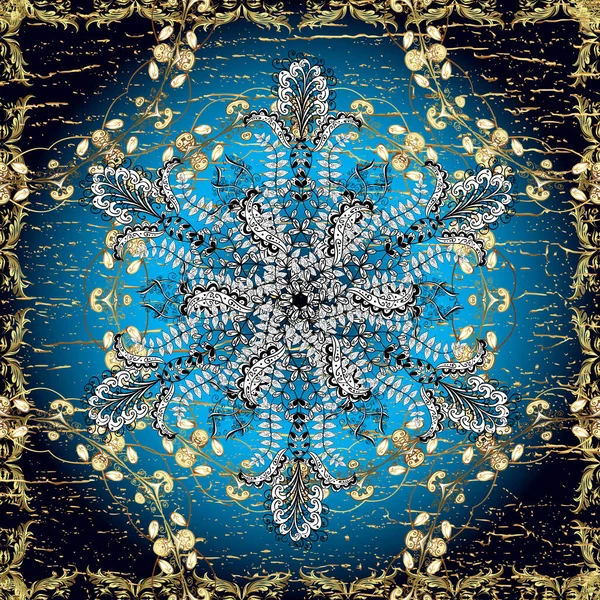 Doğu tarzı arabesk tarzında altın elementler. Mavi, beyaz ve siyah renklerde kusursuz desen. Vektör altın pürüzsüz desen. Kusursuz altın desenli bukleler..