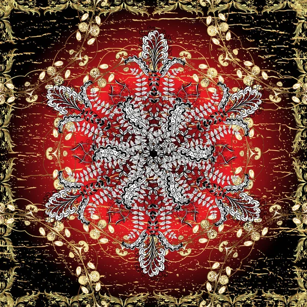 Damask kusursuz yinelenen arkaplan. Barok tarzında altın çiçekli süs. Doku arka planında altın duvar kâğıdı. Kahverengi, siyah ve kırmızı renklerde altın element.