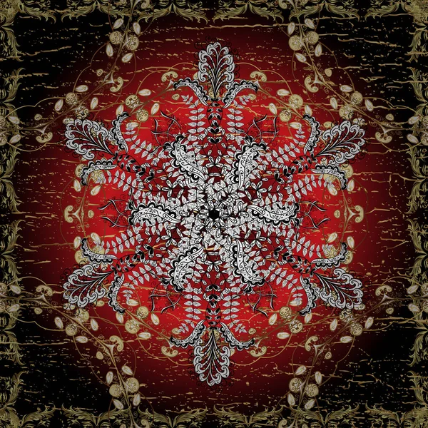 Geleneksel vektör ve altın desen. Damask pürüzsüz süsü. Klasik oryantal desen kahverengi, kırmızı ve siyah renkler üzerine.