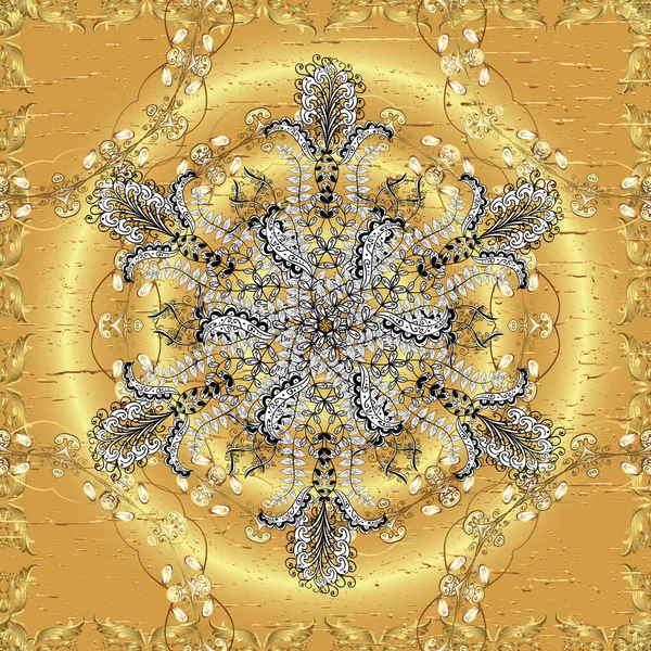 Altından elementlerle bej, beyaz ve sarı renklerde altın desenler. Geleneksel vektör yön süsü. Kusursuz klasik altın desen.