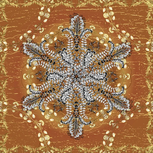 Vektör çizimi. Kahverengi, siyah ve beyaz renklerde Royal retro. Kusursuz desenli altın elementler. Klasik çiçek dokusu. Kart, duvar kağıdı, ambalaj ve tekstil için klasik tasarım. Altın şablon.