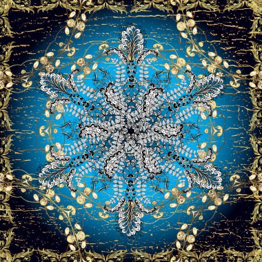 Siyah, mavi ve beyaz üzerinde altın elementlerle altın, pürüzsüz desen. Noel, kar tanesi, yeni yıl. Siyah, mavi ve beyaz renklerde, altın elementlerle kusursuz klasik desen.