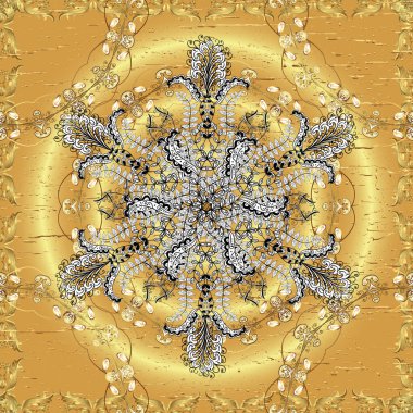 Paisley 'ler zarif çiçeksiz arka plan duvar kâğıdı çizimleri. Güzel, modaya uygun, modern, üç boyutlu sanat eseri, altın, bej, beyaz ve sarı desenli çiçek yaprakları ve süsler..